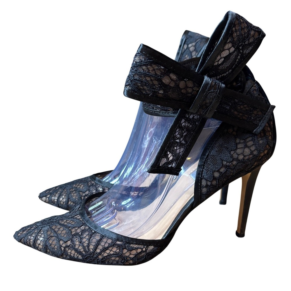 INC International Concepts Black Lace Pumps Bow Ankle Strap Heels Size 9.5